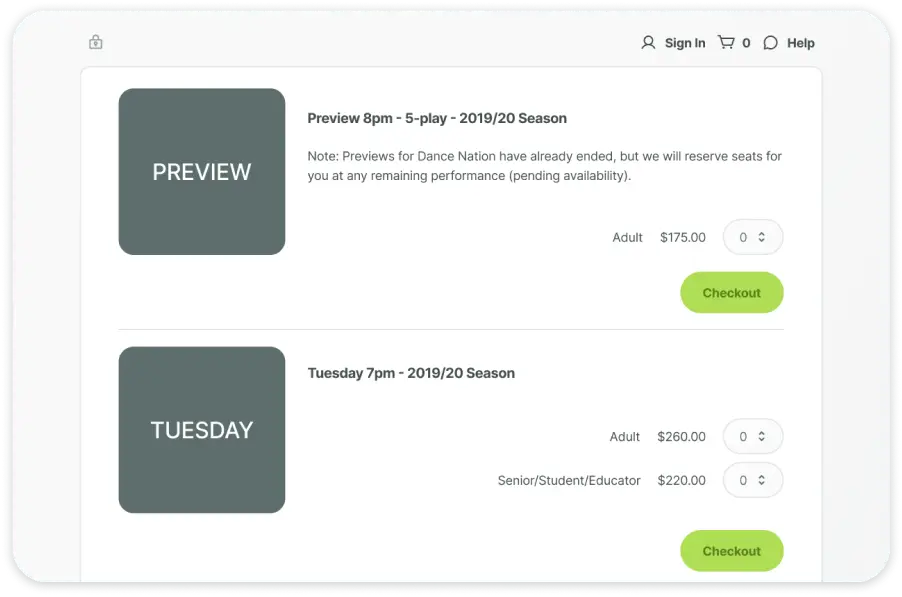 Theatre Ticketing Subscriptions user screen