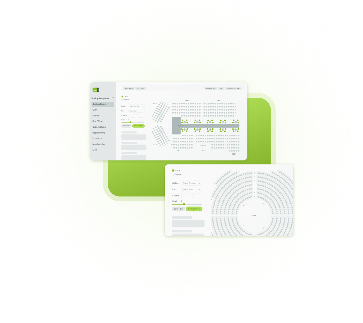 VBO Seatmap Builder creates custom venue seatmaps with unique section and row shapes, even curves for any size venue