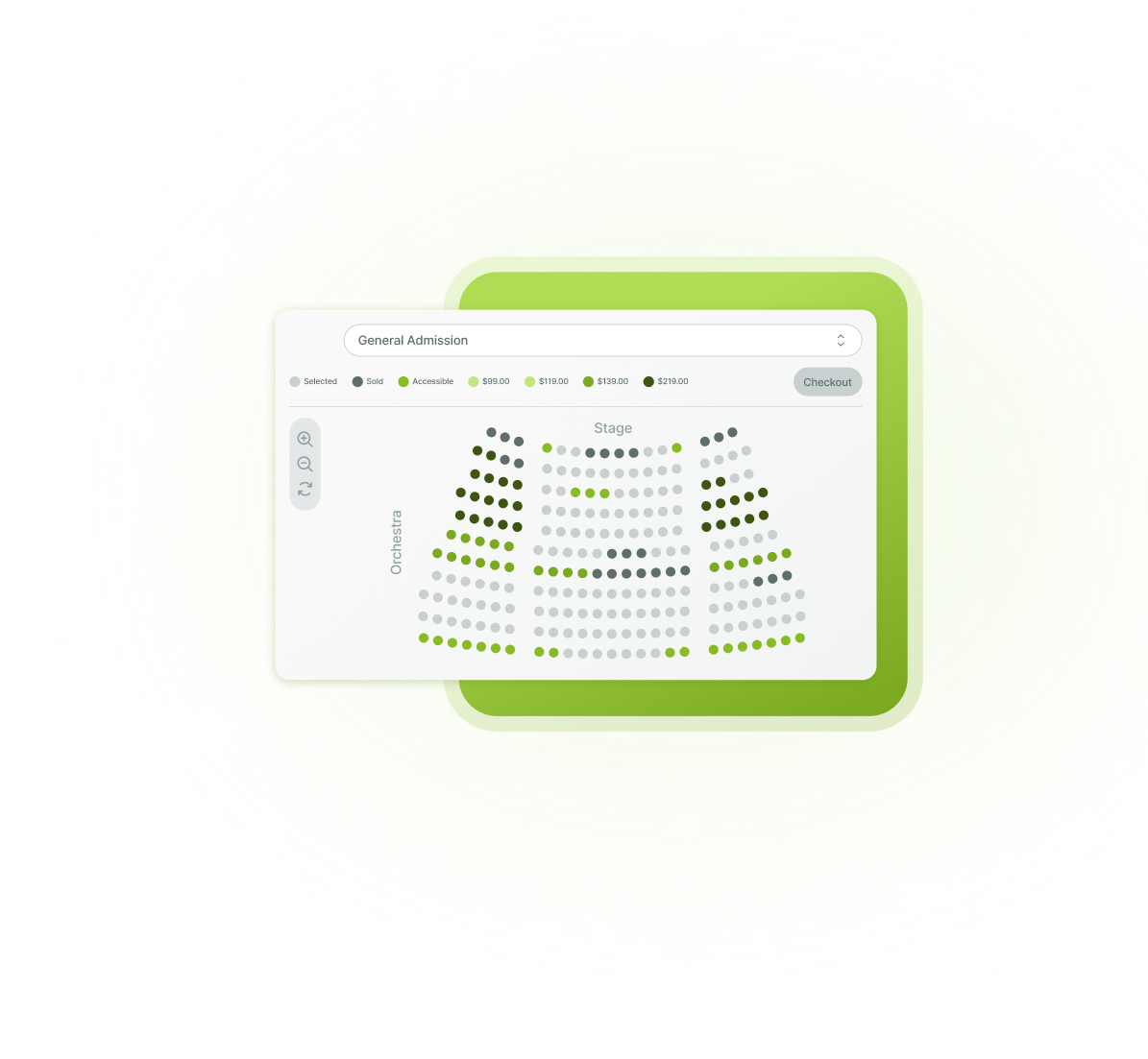 Our exclusive technology shows live, real time seat selection activity on an event seat map, as seats move from available to unavailable, or become available again. Never oversell or duplicate a seat sale again with our real time seat map software.